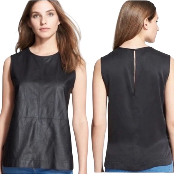 Equipment Black Lamb Leather & Silk Combo Sleeveless Cutout Top - S - Picture 1 of 5